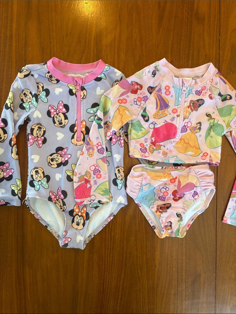Two Girls 3T Disney Minnie & Princess Rashguard Swimsuits - Pink, Lavender - Picture 1 of 3